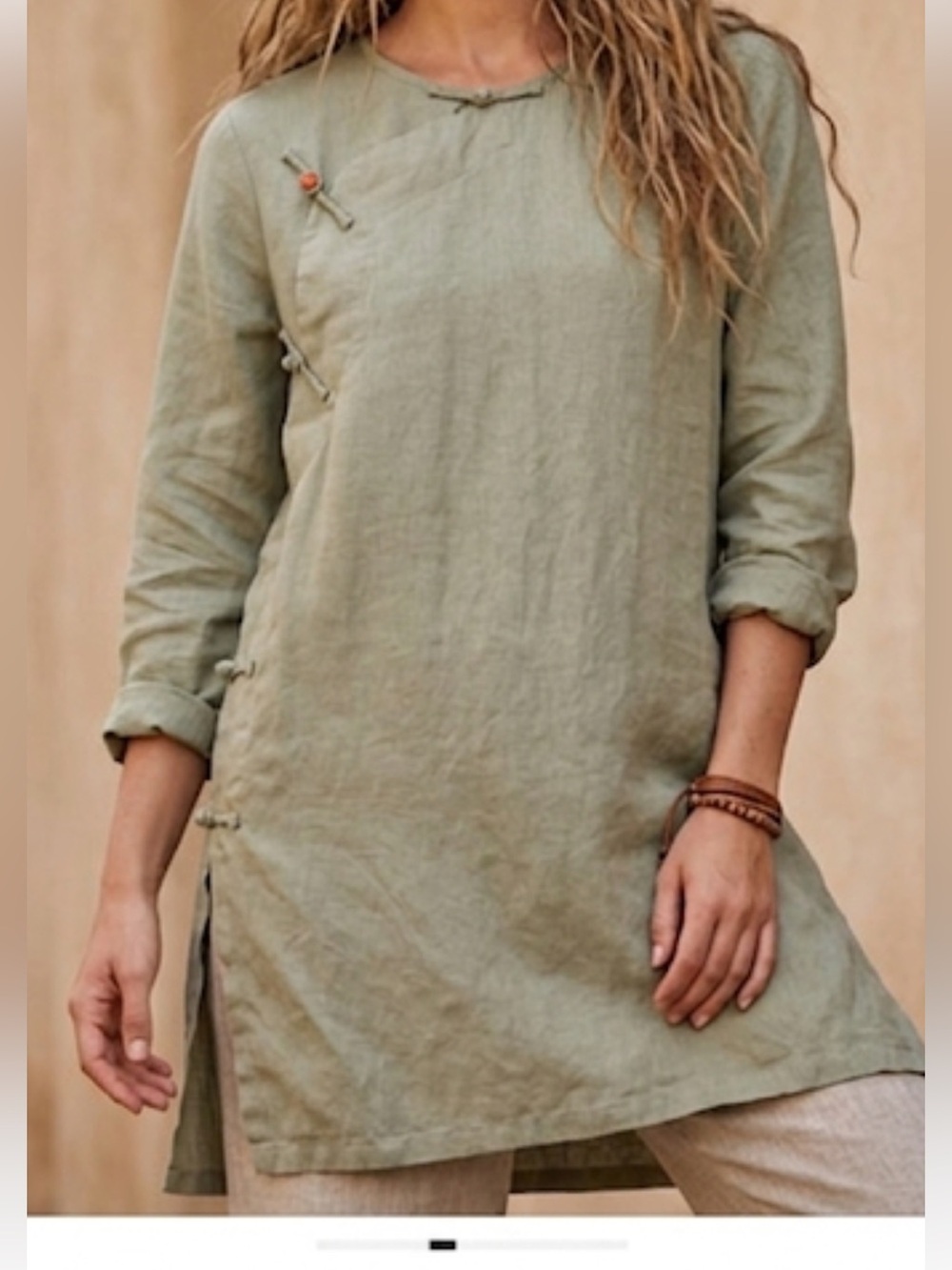 Flax Linen Light Green Tunic Top Side Toggle Slit Minimalist Boho Small Medium